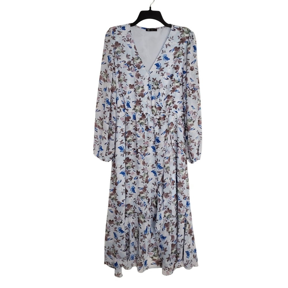 Floral V-Neck Maxi Dress in White and Blue